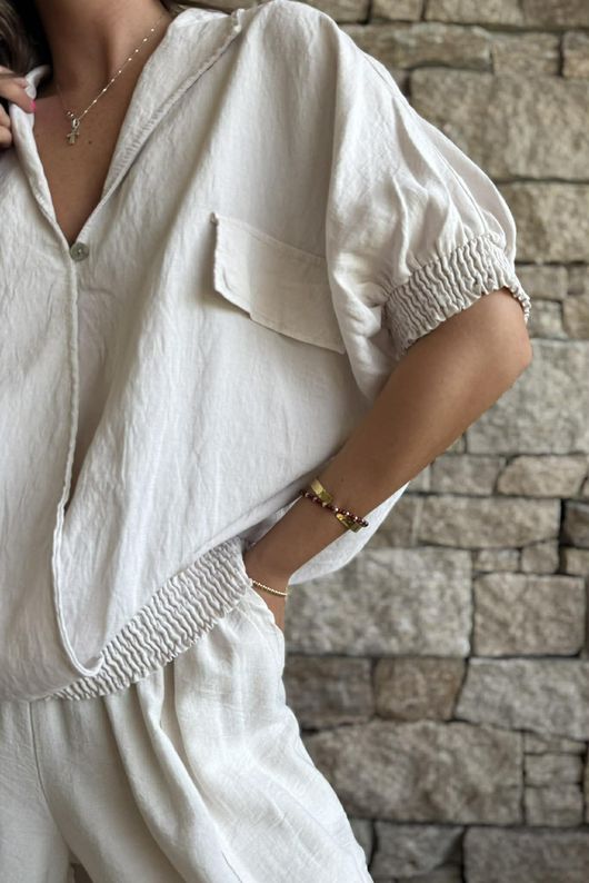 Basso Button Drape Cap Sleeve Shirt Calico